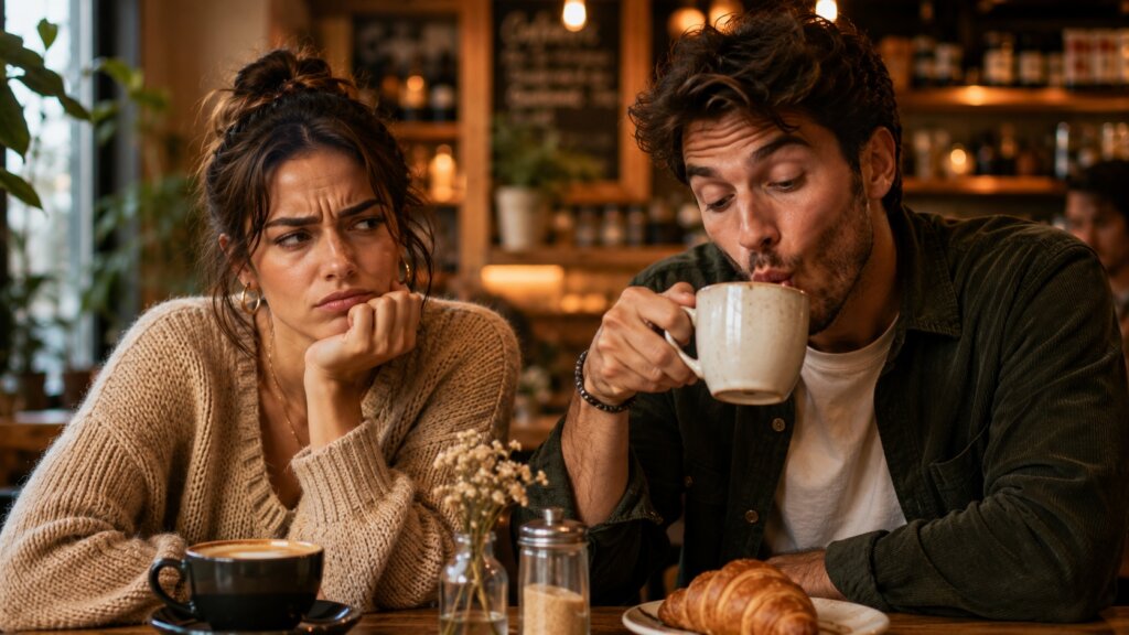 Junges Paar sitzt in einem Café. Die Frau schaut irritiert auf ihren Begleiter, nachdem eine kleine Eigenheit plötzlich ihre Anziehung verändert hat – Symbolbild für den Dating-Trend ‘Der Ick’