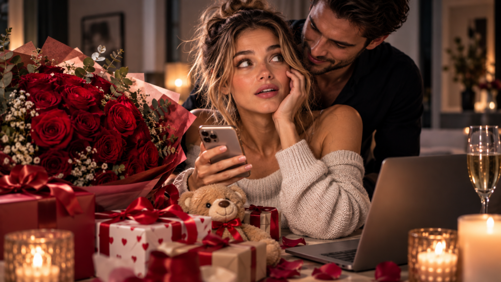 Ein Paar sitzt eng beieinander, während die Frau von Nachrichten, Blumen und Geschenken überhäuft wird und dabei zunehmend überfordert wirkt. Das Motiv symbolisiert Love Bombing und übermäßige Zuneigung zu Beginn einer Beziehung.
